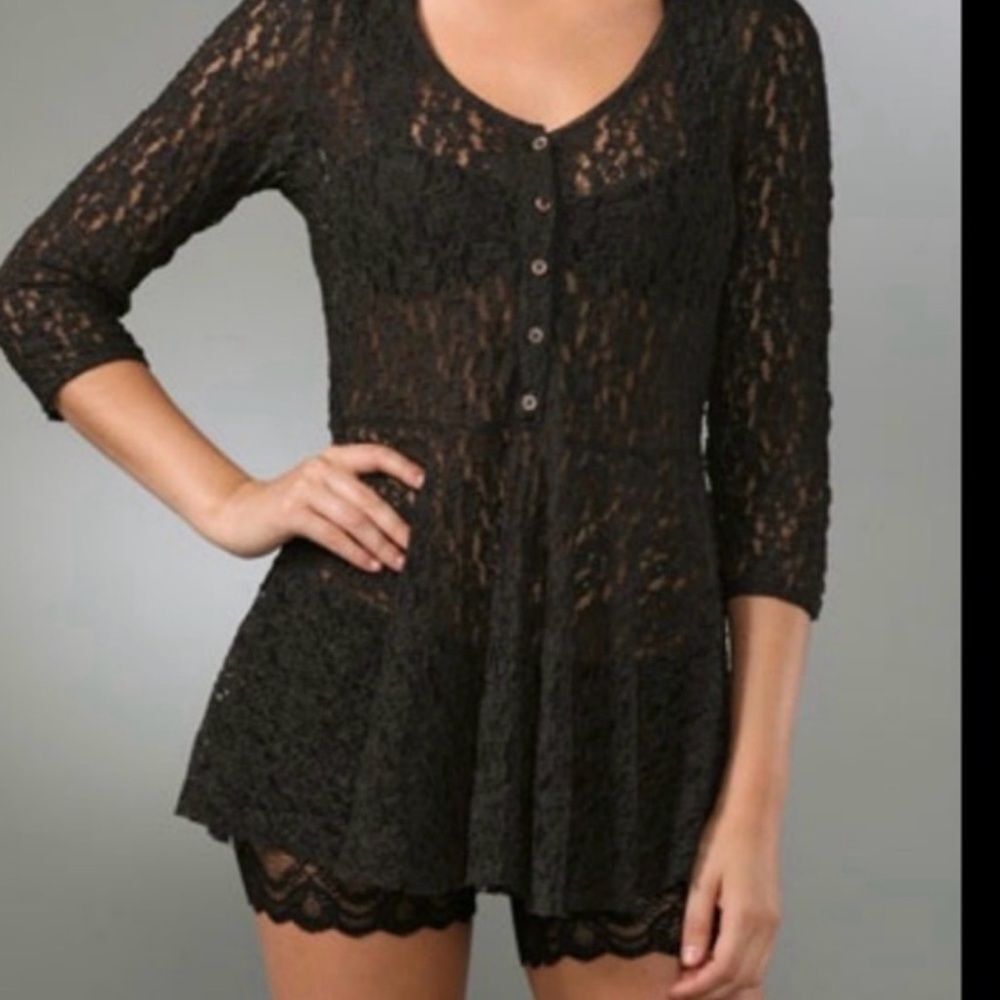Free people women’s large ooh la la lace top brown long sleeve sheer coquette